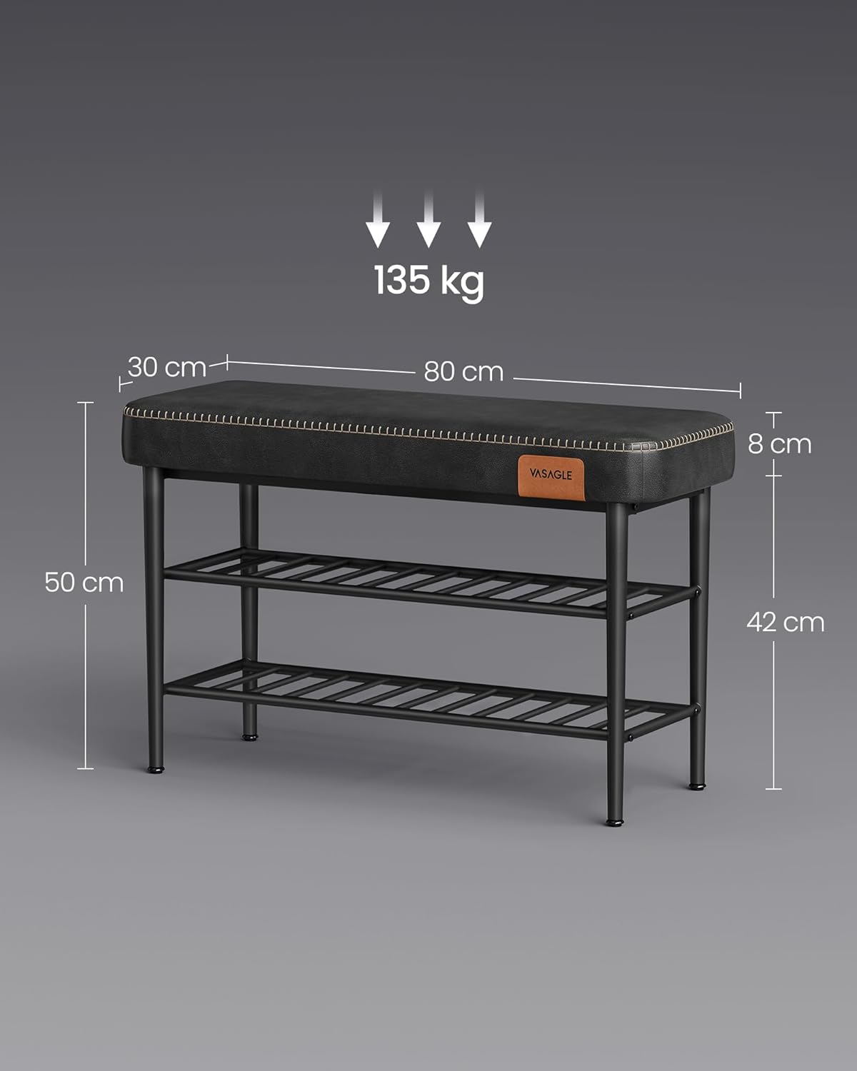 VASAGLE EKHO cipőtartó tárolórekesszel, varrott PU-kárpitozású ülőfelülettel, 80x30x50 cm, fekete - Image 2