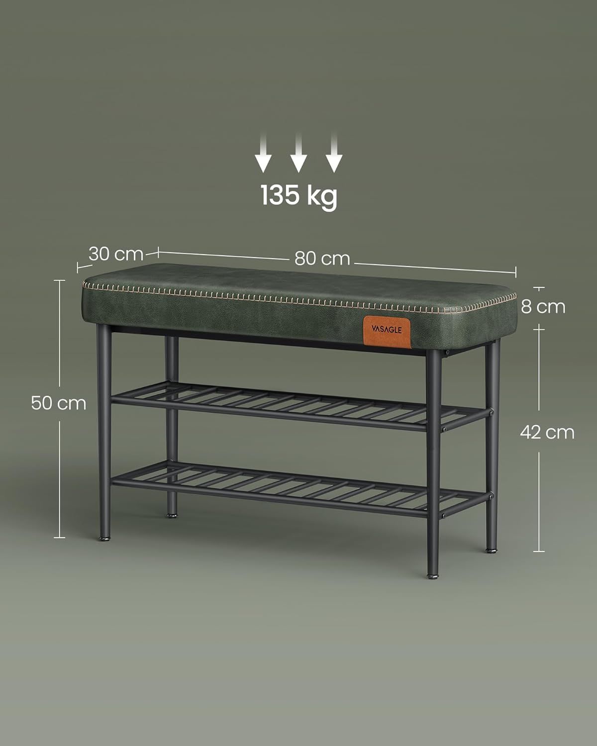 VASAGLE EKHO cipőtároló pad tárolóhellyel, PU kárpitozással, fém vázzal, 80x30x50 cm, zöld - Image 2