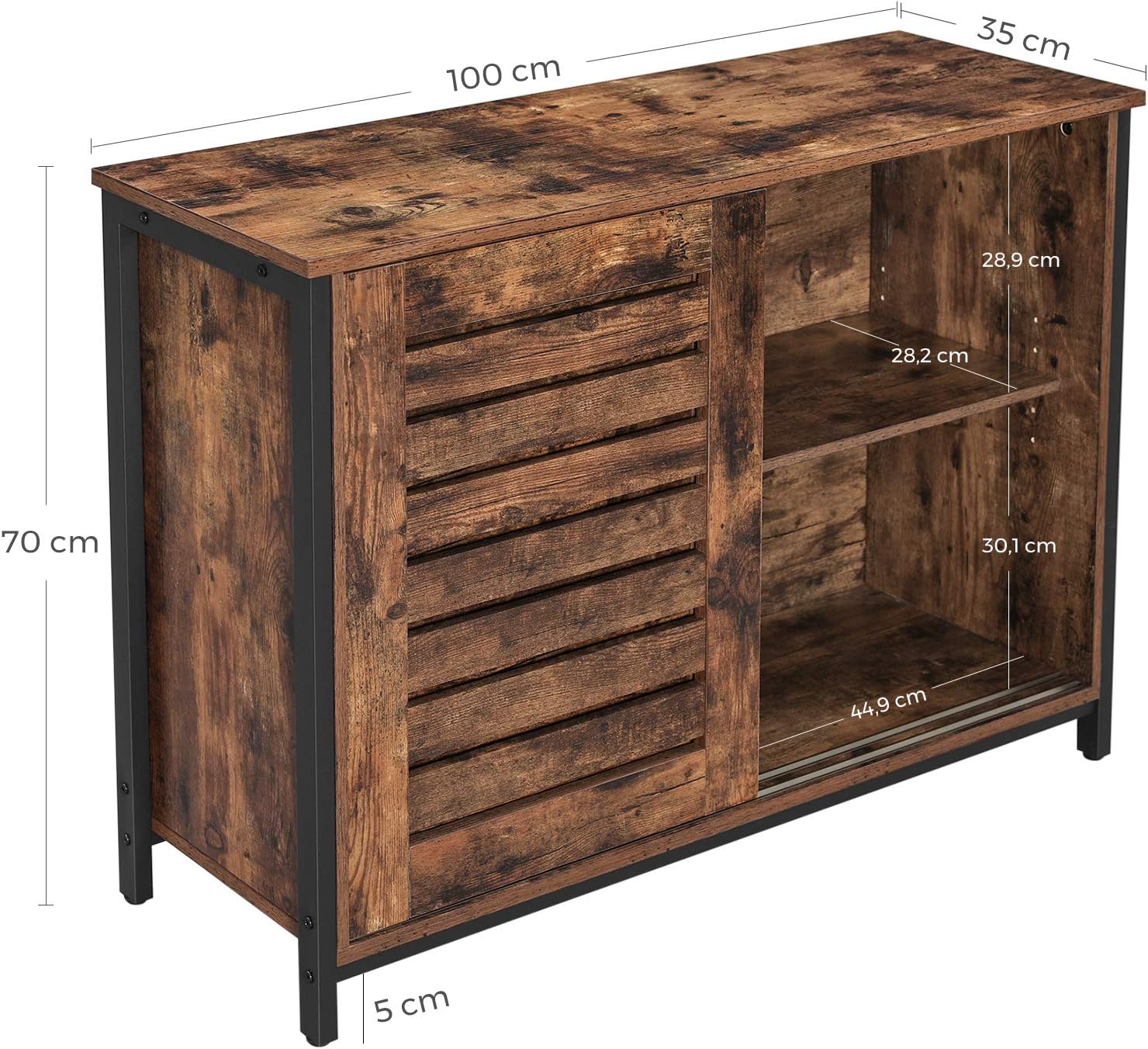 VASAGLE tolóajtós komód, ipari stílusú, fémvázzal és forgácslappal, 100x35x70 cm, rusztikus barna/fekete - Image 4