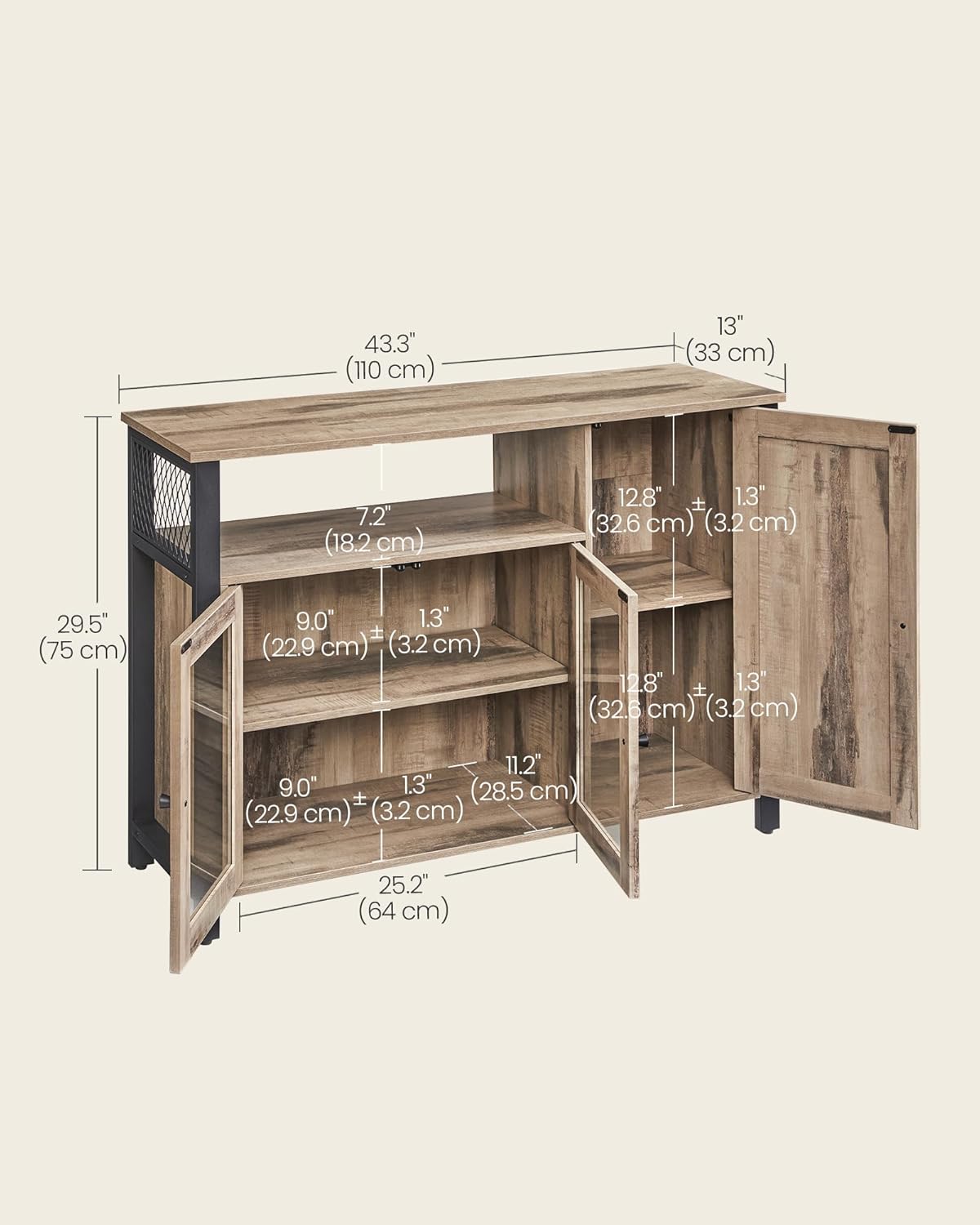 VASAGLE Komód 3 ajtóval, állítható polcokkal, fém vázzal és forgácslapból, 110 x 33 x 75 cm, tevebarna/fekete - Image 3