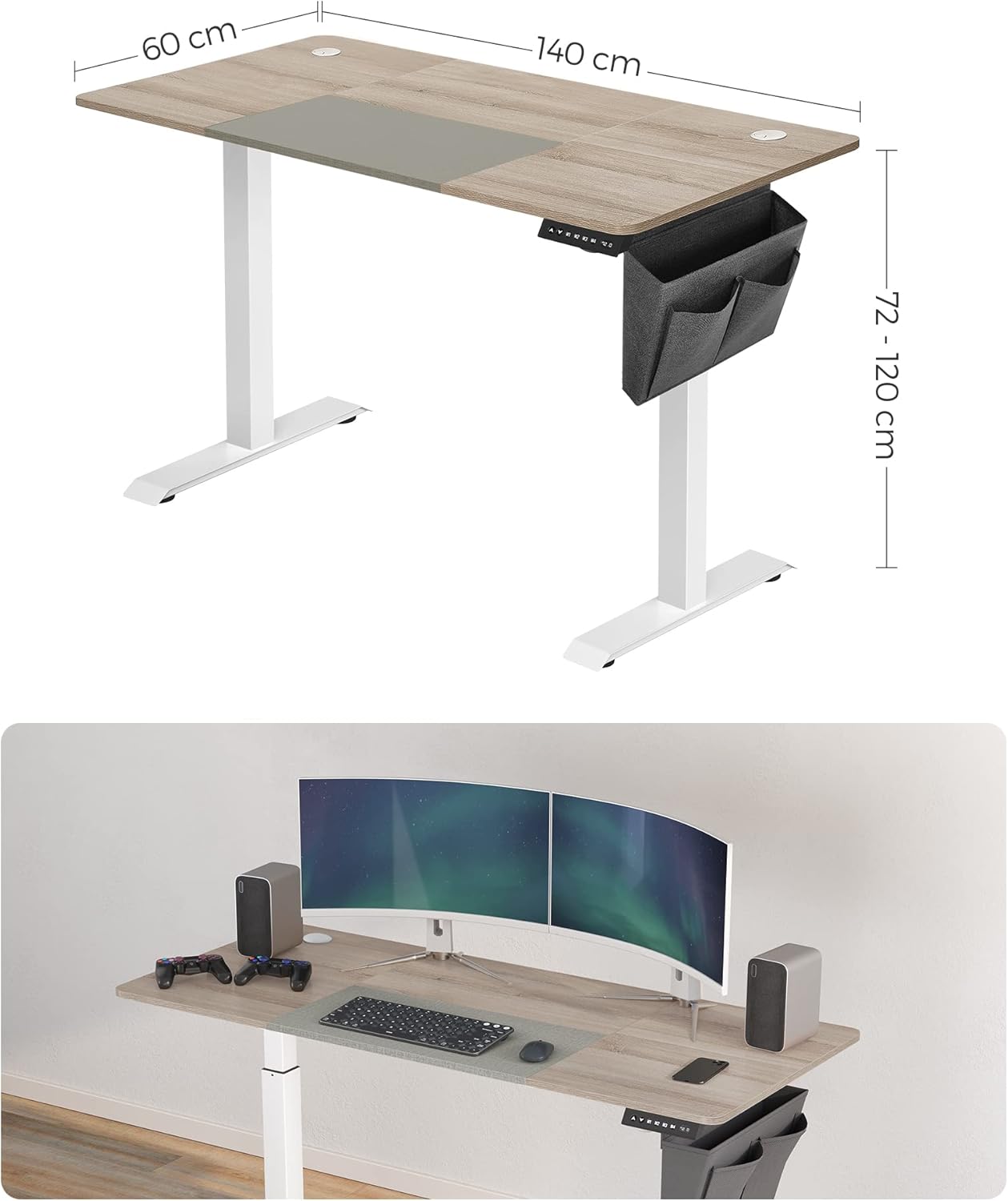 SONGMICS elektromosan állítható magasságú íróasztal, 140x60 cm, 4 memóriapozícióval, fém vázzal, szürke/fehér - Image 7