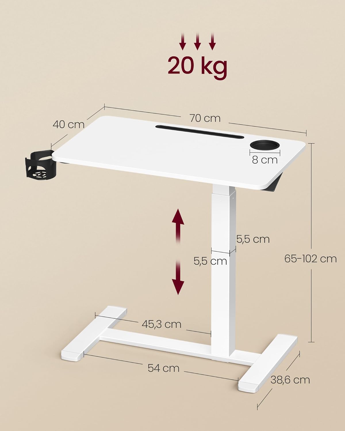 VASAGLE állítható asztal kerekekkel ágyhoz vagy kanapéhoz, 70x40 cm-es lappal, 65–102 cm között állítható magassággal, fehér - Image 3