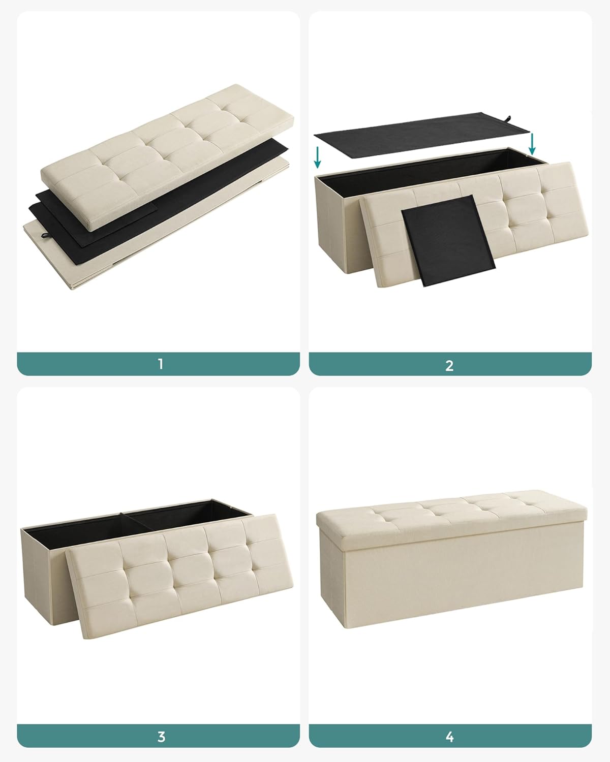 SONGMICS Összecsukható lábtartó puha ülőfelülettel, 131 literes tárolóhellyel, maximális terhelhetőség 300 kg, 110x38x38 cm, krém színű - Image 2