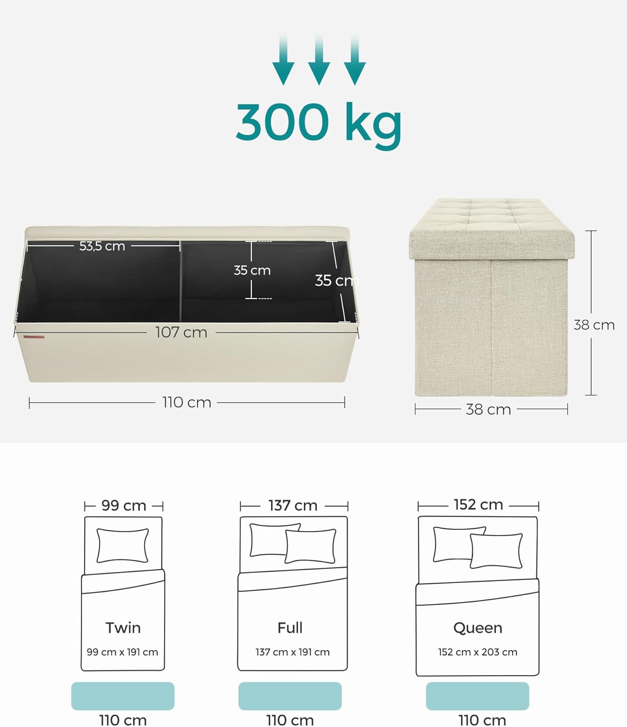 SONGMICS Összecsukható lábtartó puha ülőfelülettel, 131 literes tárolóhellyel, maximális terhelhetőség 300 kg, 110x38x38 cm, krém színű - Image 3