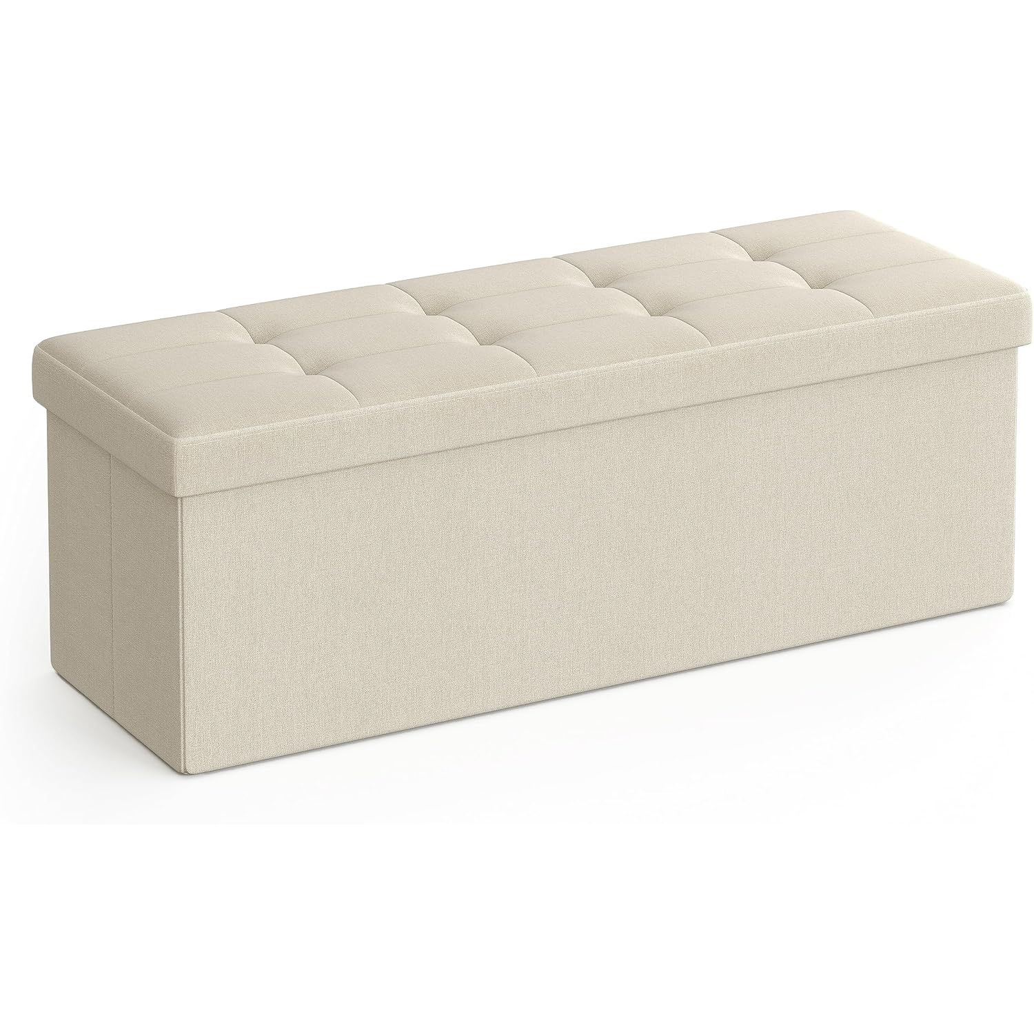 SONGMICS Összecsukható lábtartó puha ülőfelülettel, 131 literes tárolóhellyel, maximális terhelhetőség 300 kg, 110x38x38 cm, krém színű