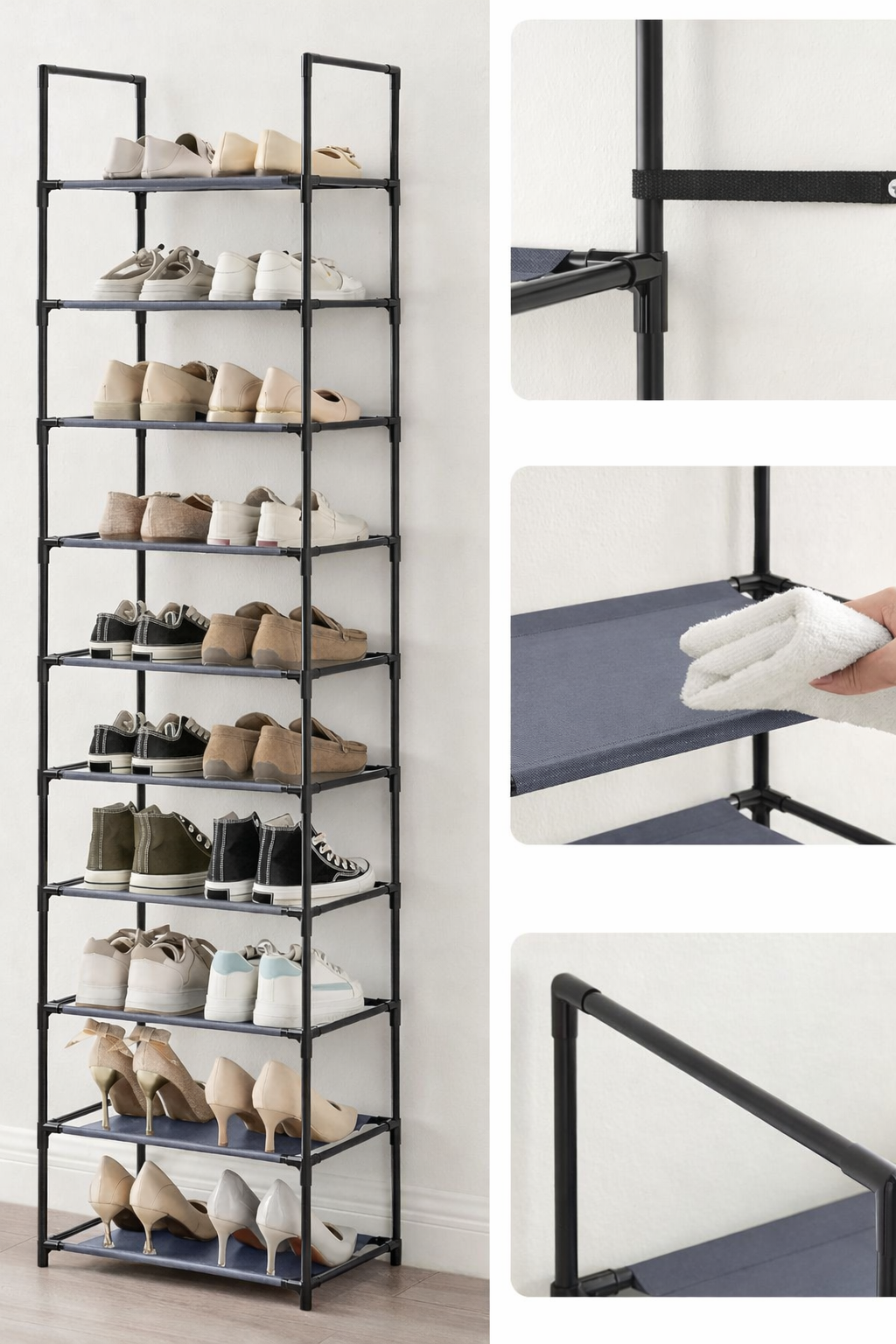 SONGMICS 10 szintes cipőtartó, fém vázzal és textil polcokkal, 28x45x173 cm, szürke - Image 3