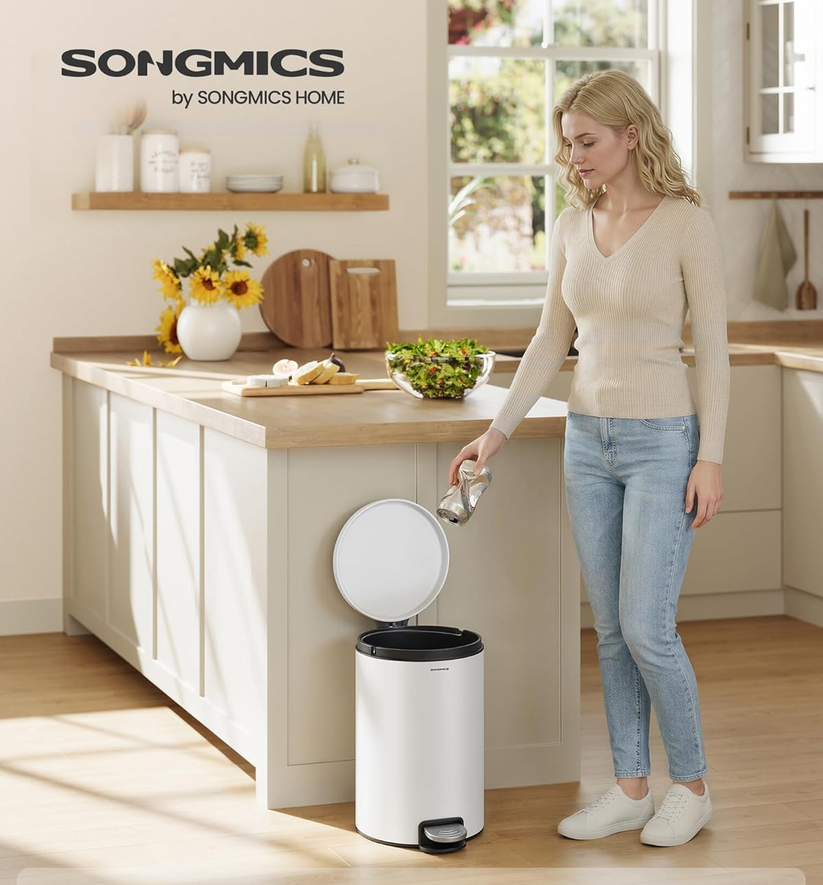SONGMICS Pedálos szemetes, 20 l, Soft Close fedéllel, kivehető belső vödörrel, acél és műanyag, 30 × 37 × 44 cm, fehér - Image 2