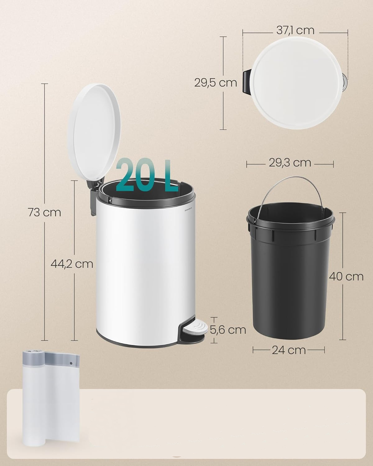 SONGMICS Pedálos szemetes, 20 l, Soft Close fedéllel, kivehető belső vödörrel, acél és műanyag, 30 × 37 × 44 cm, fehér - Image 5