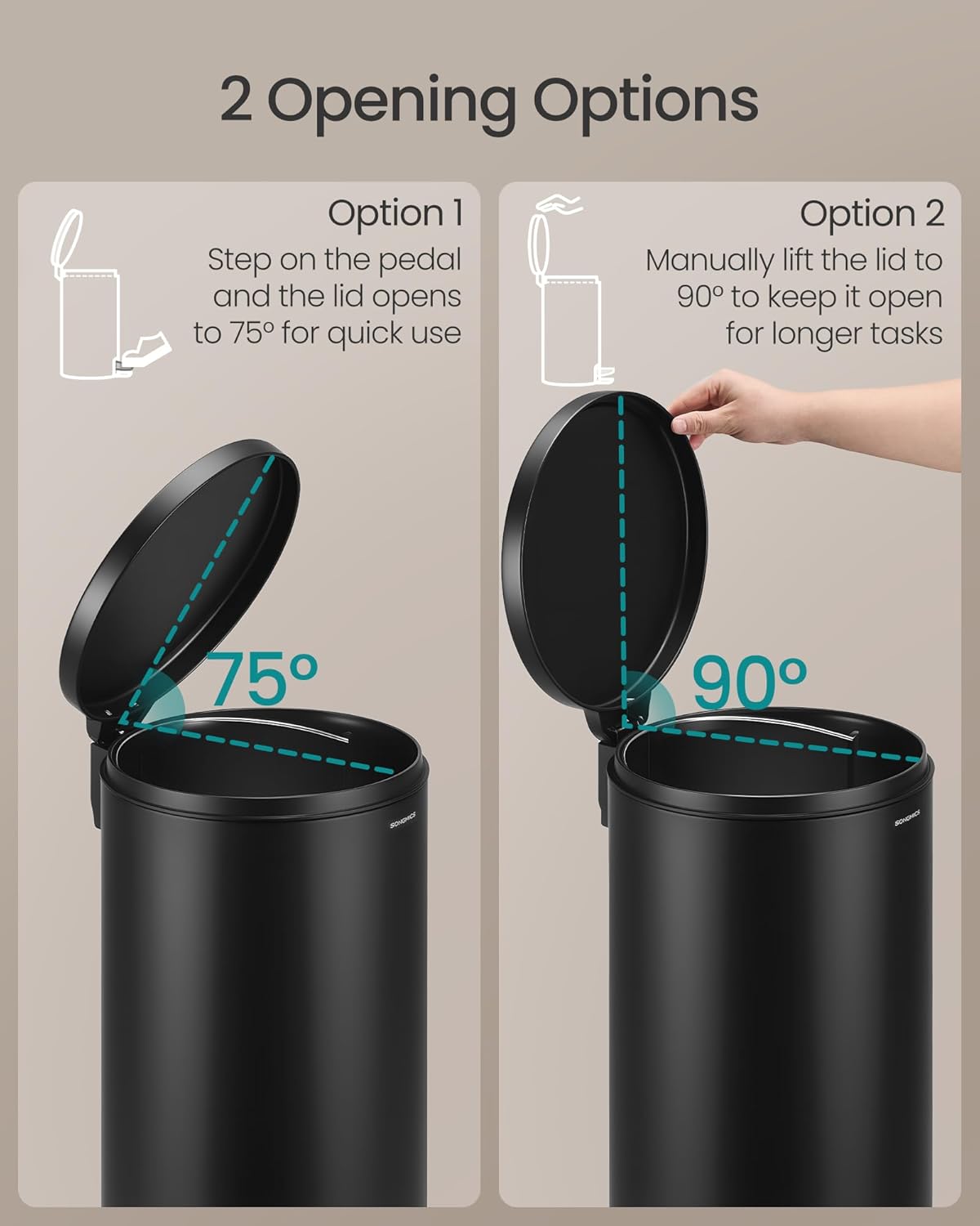 SONGMICS pedálos szemetes, soft-close fedéllel, kivehető belső vödörrel, acél, 30 l, fekete - Image 3