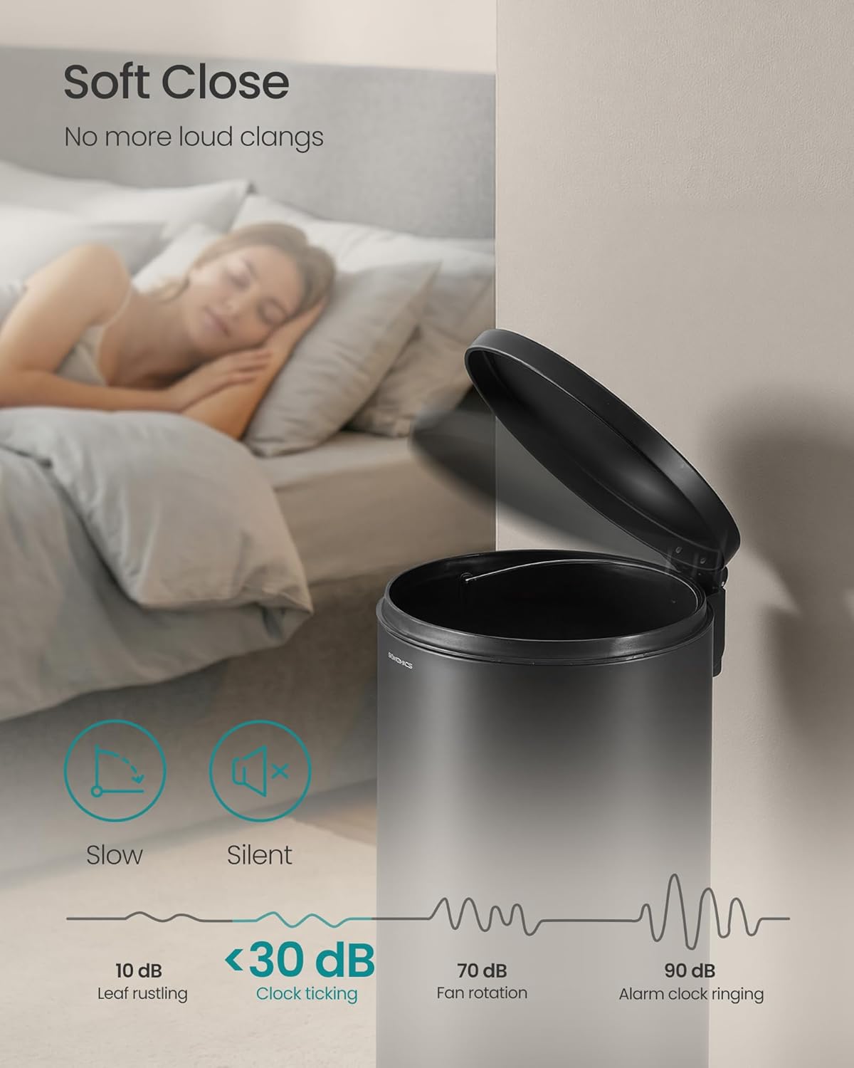 SONGMICS pedálos szemetes, soft-close fedéllel, kivehető belső vödörrel, acél, 30 l, fekete - Image 4