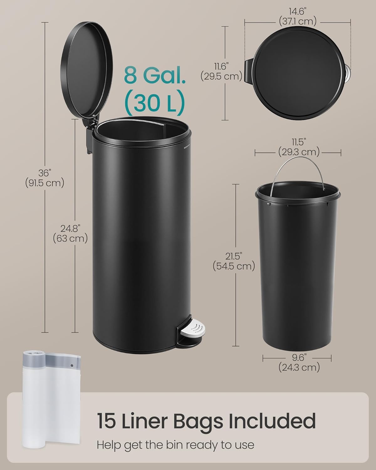 SONGMICS pedálos szemetes, soft-close fedéllel, kivehető belső vödörrel, acél, 30 l, fekete - Image 5