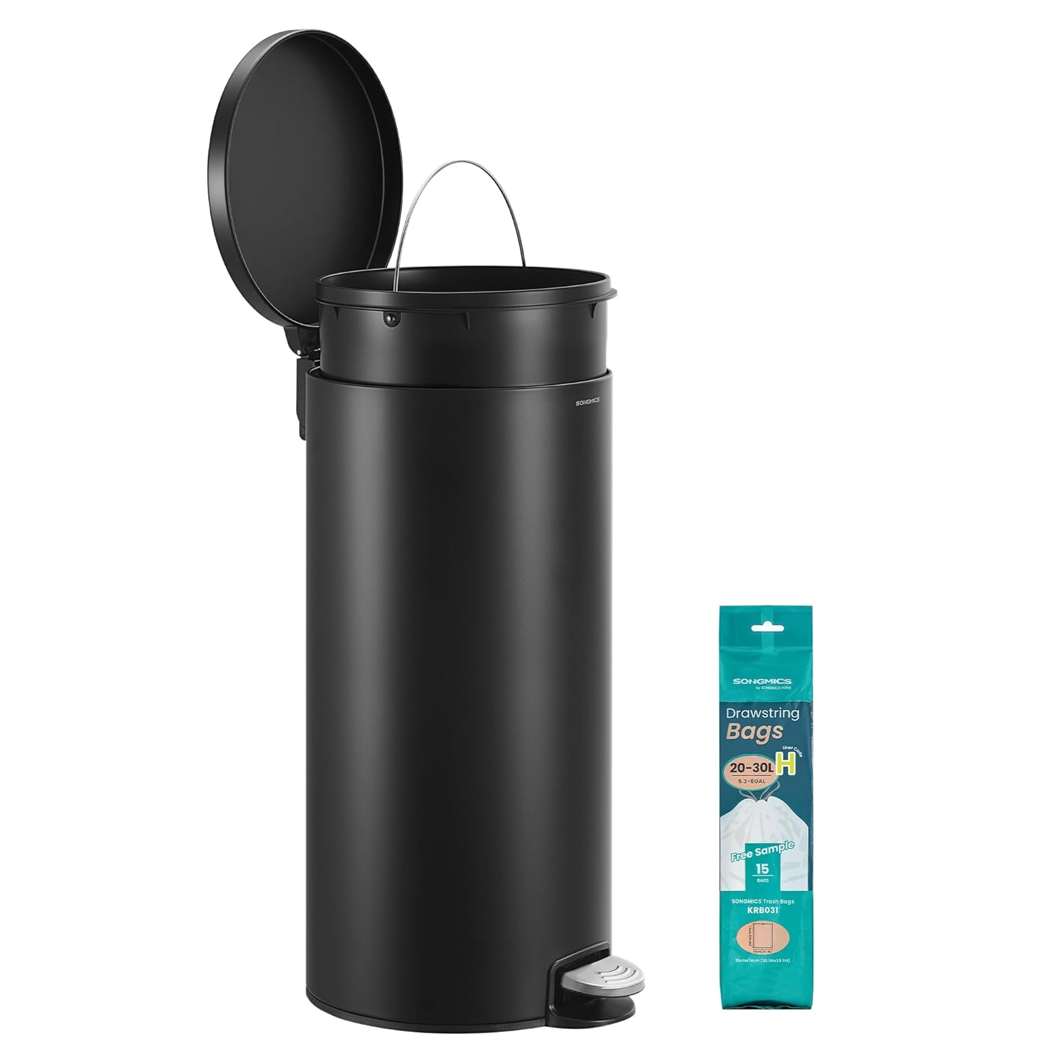 SONGMICS pedálos szemetes, soft-close fedéllel, kivehető belső vödörrel, acél, 30 l, fekete