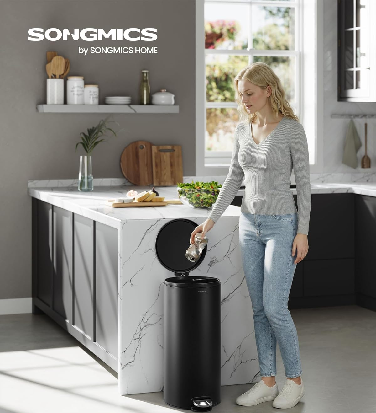 SONGMICS pedálos szemetes, soft-close fedéllel, kivehető belső vödörrel, acél, 30 l, fekete - Image 6