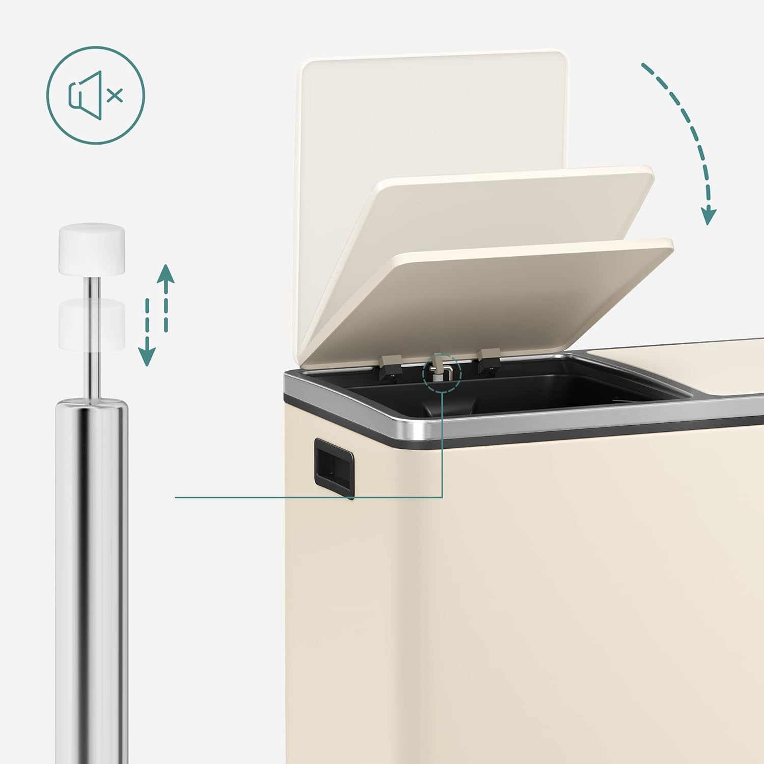 SONGMICS kettős szelektív hulladékgyűjtő szemetes, 2x30 l, pedállal és soft-close fedéllel, belső vödörrel, acél, 62x59x36 cm, krém színű - Image 2