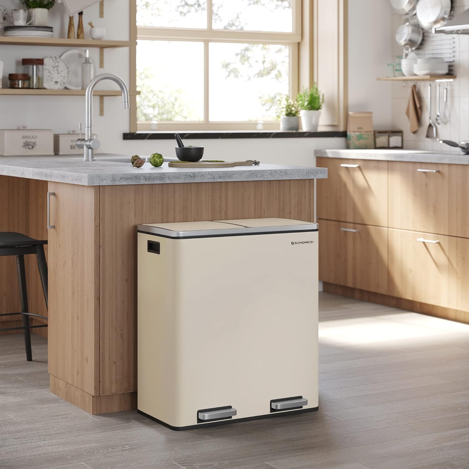 SONGMICS kettős szelektív hulladékgyűjtő szemetes, 2x30 l, pedállal és soft-close fedéllel, belső vödörrel, acél, 62x59x36 cm, krém színű - Image 3