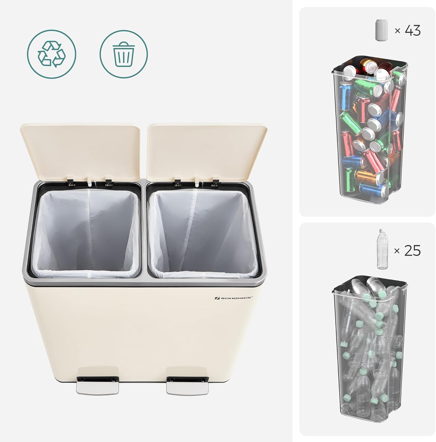 SONGMICS kettős szelektív hulladékgyűjtő szemetes, 2x30 l, pedállal és soft-close fedéllel, belső vödörrel, acél, 62x59x36 cm, krém színű - Image 4