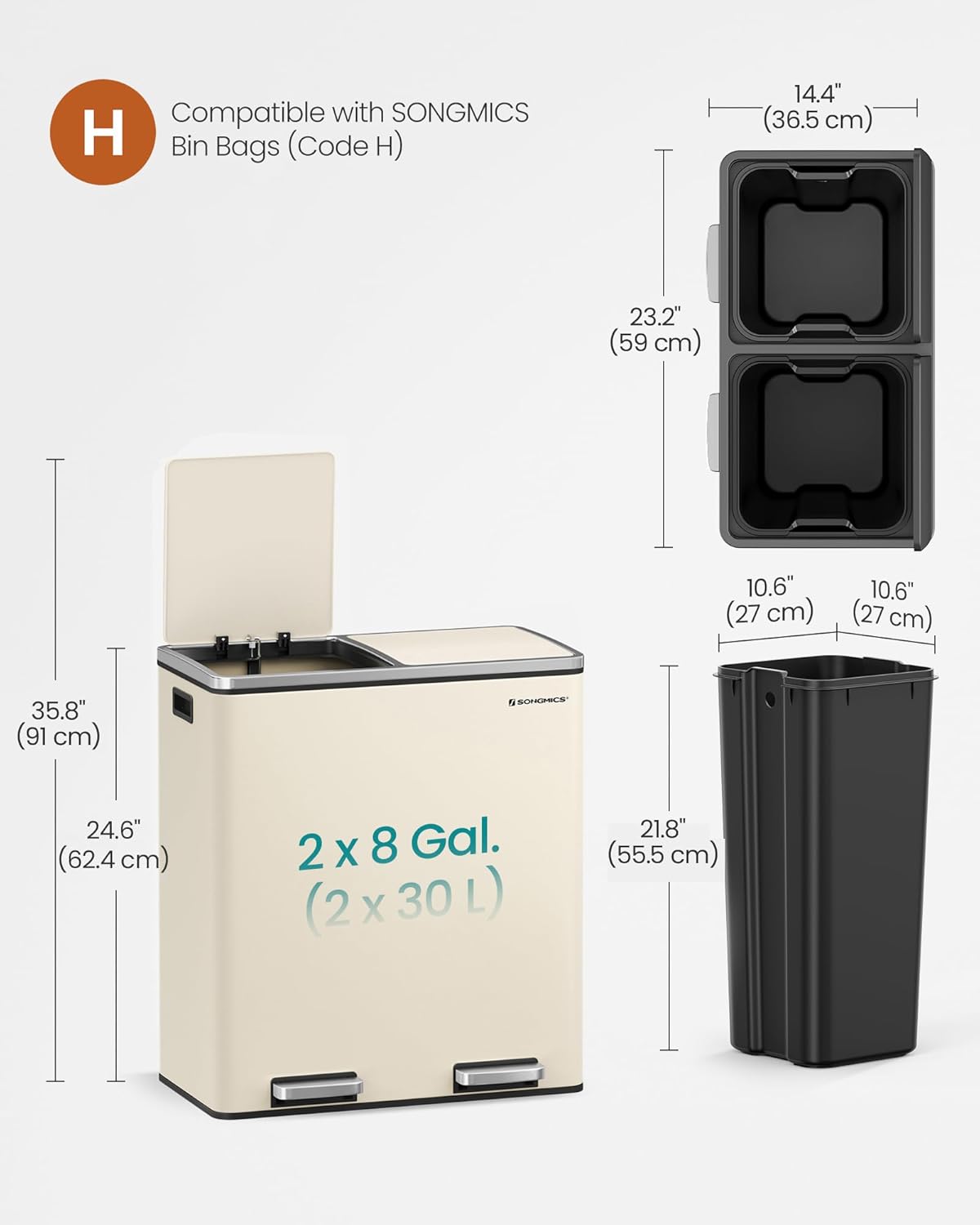 SONGMICS kettős szelektív hulladékgyűjtő szemetes, 2x30 l, pedállal és soft-close fedéllel, belső vödörrel, acél, 62x59x36 cm, krém színű - Image 6