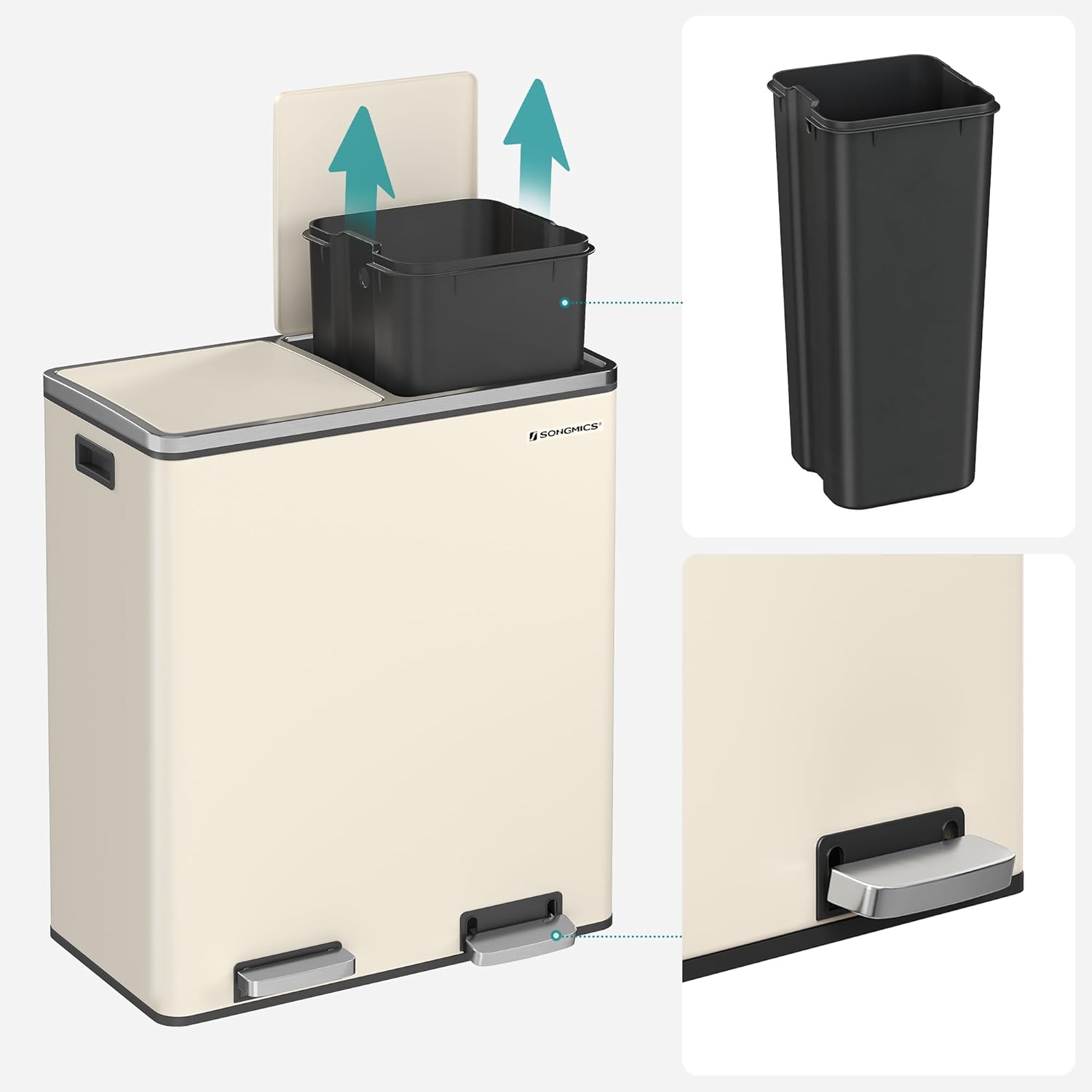 SONGMICS kettős szelektív hulladékgyűjtő szemetes, 2x30 l, pedállal és soft-close fedéllel, belső vödörrel, acél, 62x59x36 cm, krém színű - Image 7