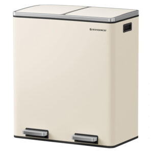 SONGMICS kettős szelektív hulladékgyűjtő szemetes, 2x30 l, pedállal és soft-close fedéllel, belső vödörrel, acél, 62x59x36 cm, krém színű