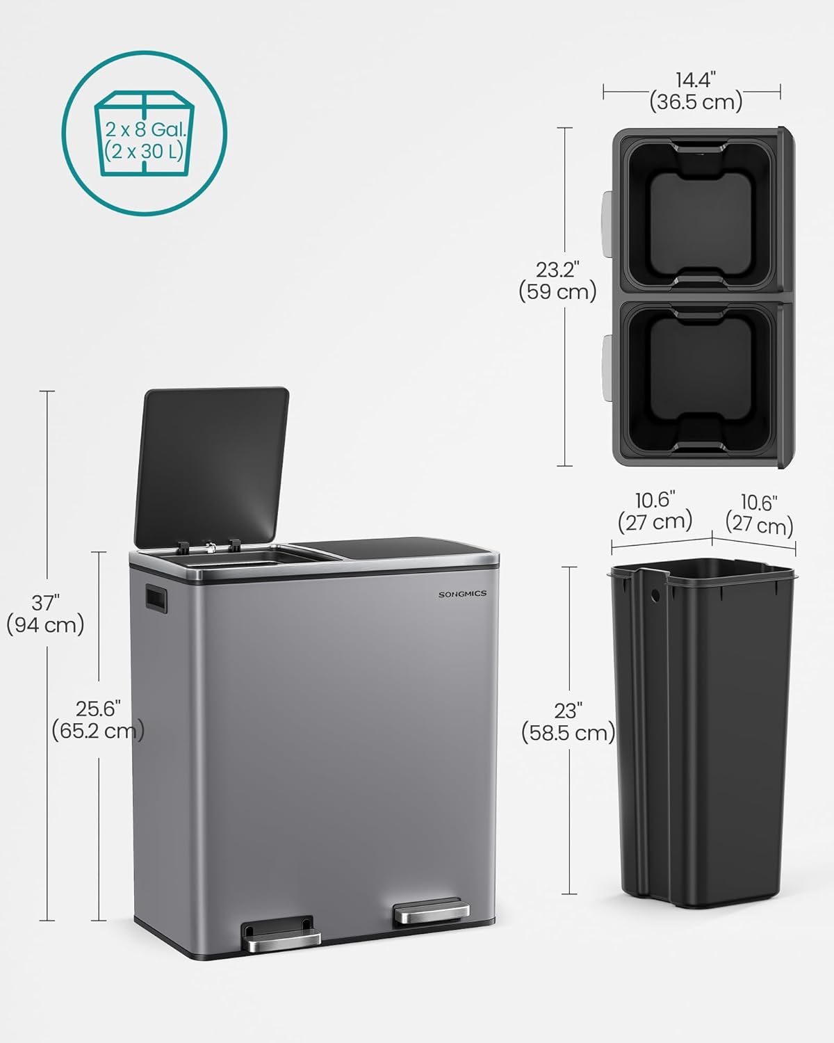 SONGMICS kettős szelektív hulladékgyűjtő szemetes, 2x30 l, pedállal és soft-close fedéllel, belső vödörrel, acél, 62x59x36 cm, szürke - Image 2