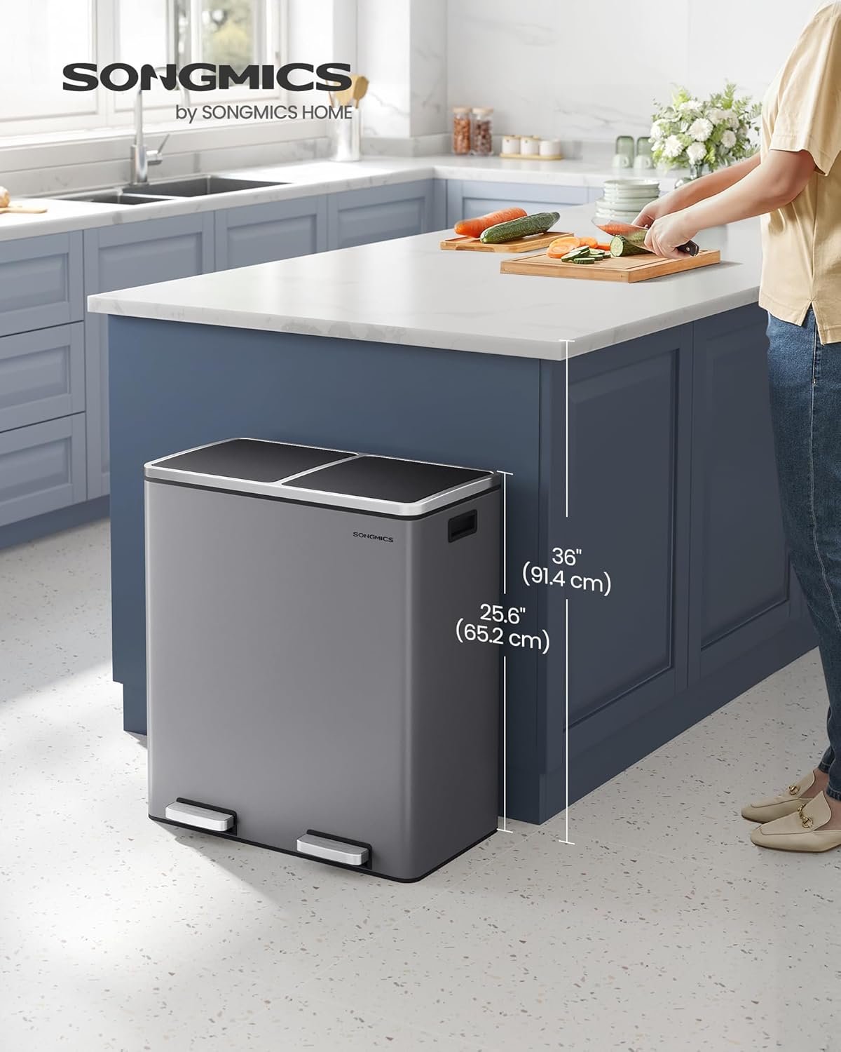 SONGMICS kettős szelektív hulladékgyűjtő szemetes, 2x30 l, pedállal és soft-close fedéllel, belső vödörrel, acél, 62x59x36 cm, szürke - Image 6