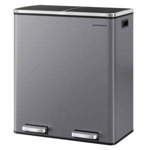 SONGMICS kettős szelektív hulladékgyűjtő szemetes, 2x30 l, pedállal és soft-close fedéllel, belső vödörrel, acél, 62x59x36 cm, szürke