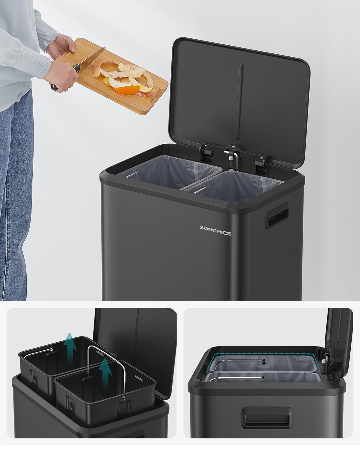 SONGMICS fém szemetes, 2 rekesszel, 2x15 literes, pedállal és csendes záródással, fekete - Image 3