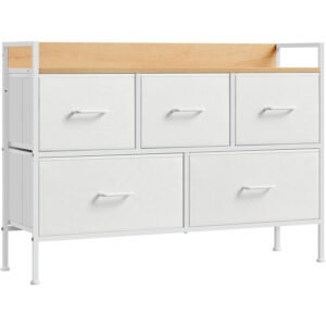 SONGMICS Fiókos Komód 5 Textil Fiókos, Fém Kerettel és Forgácslap Tetejjel, Ipari Design, 98x29x70 cm, Fehér és Tölgyfa