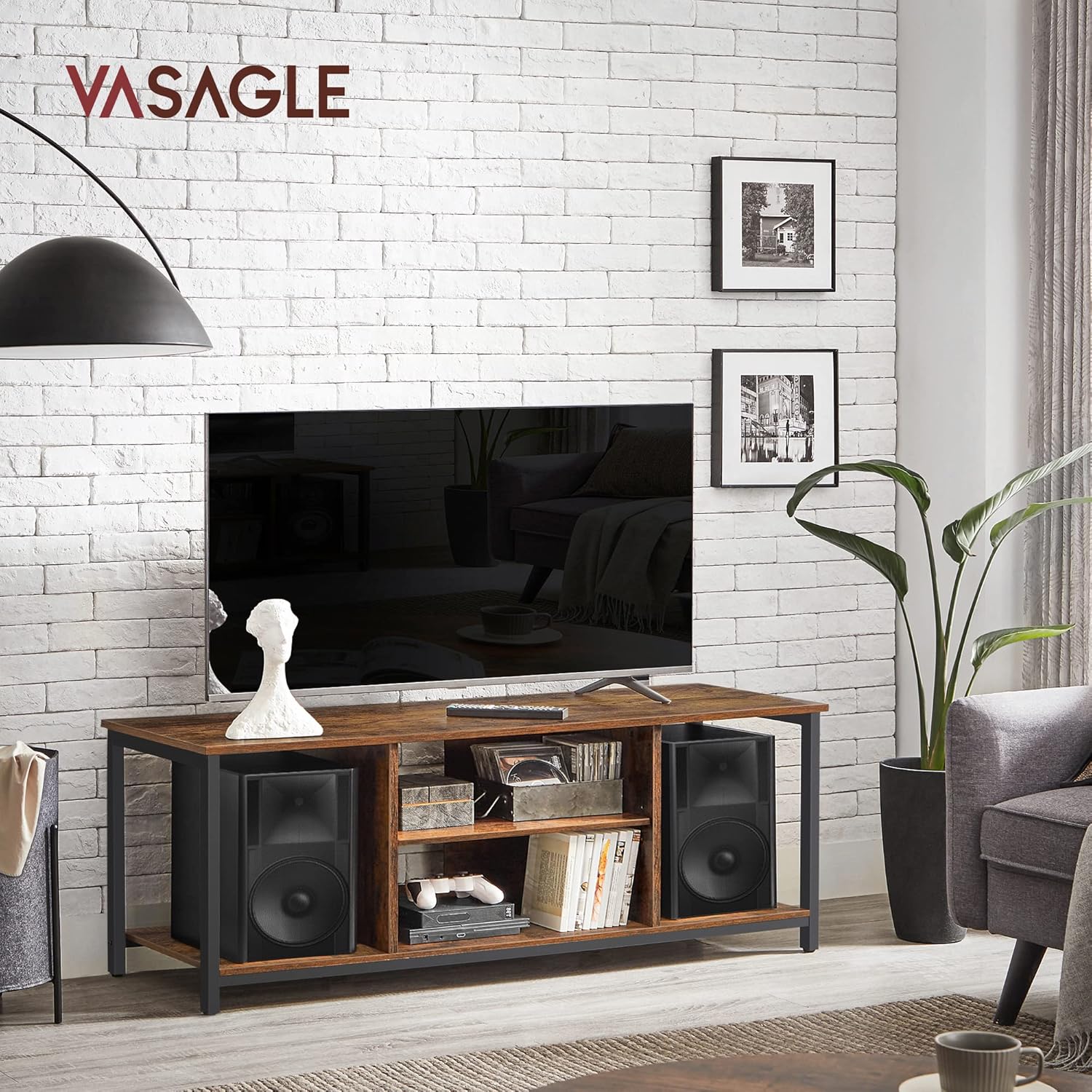 VASAGLE TV-állvány legfeljebb 60 hüvelykes televízióhoz, ipari stílusban, 120x40x50 cm, rusztikus barna - Image 3
