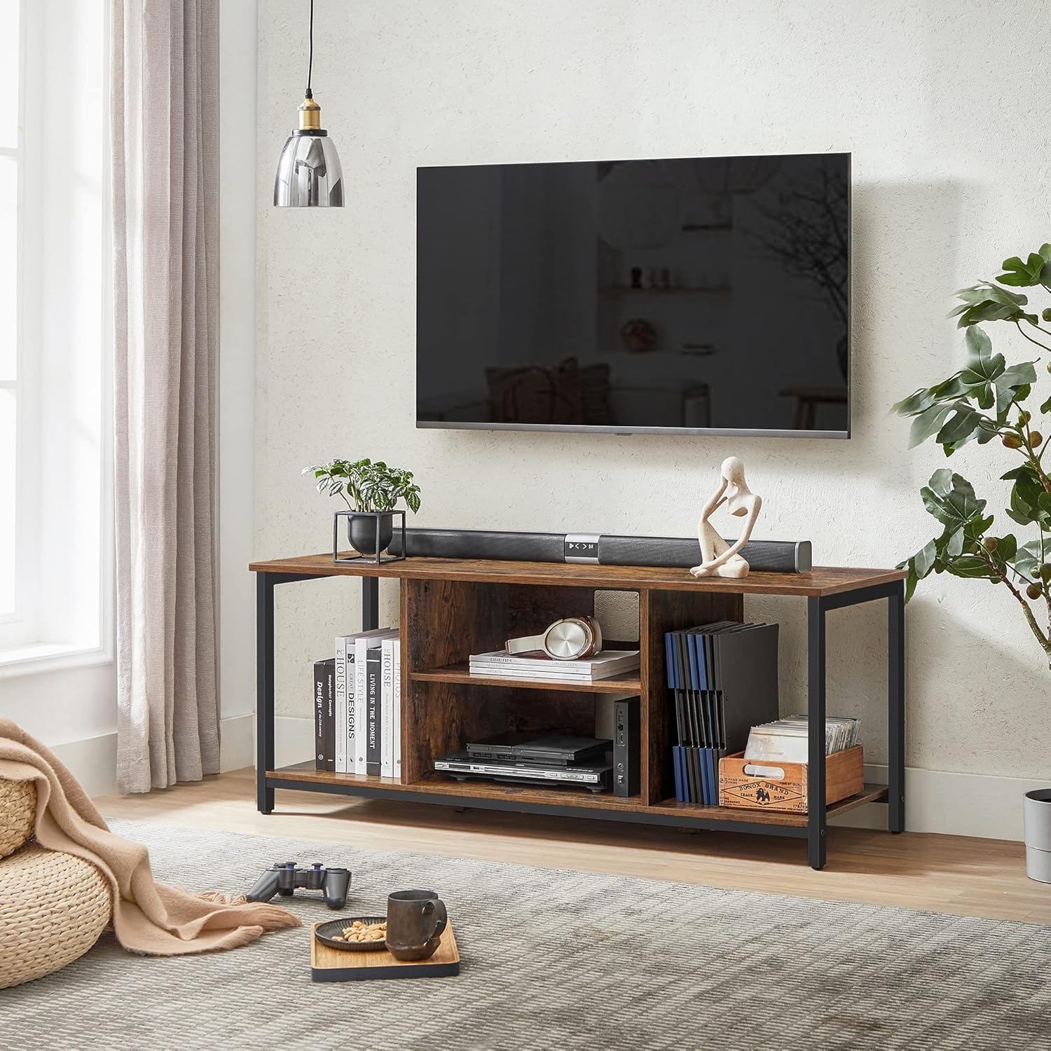 VASAGLE TV-állvány legfeljebb 60 hüvelykes televízióhoz, ipari stílusban, 120x40x50 cm, rusztikus barna - Image 7