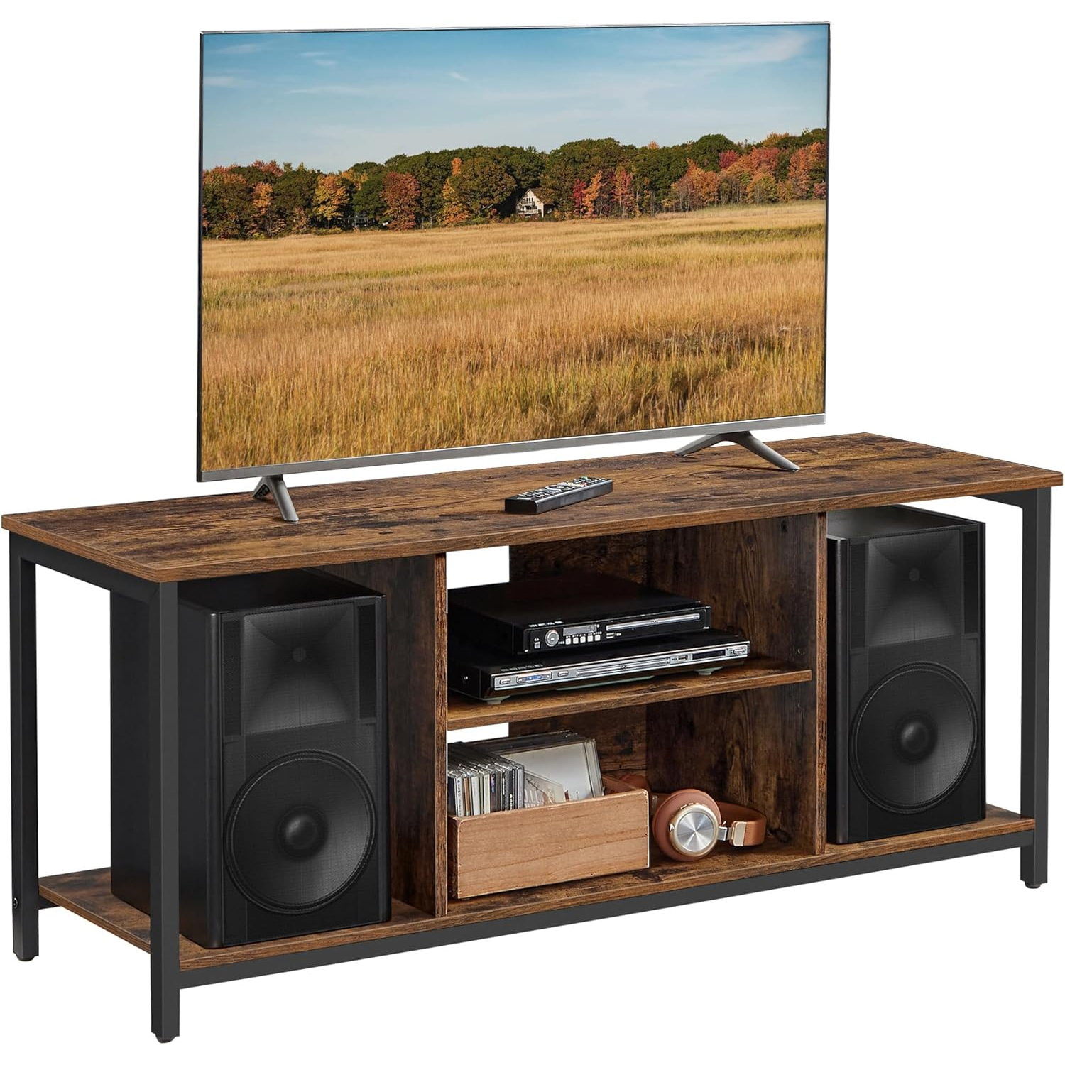 VASAGLE TV-állvány legfeljebb 60 hüvelykes televízióhoz, ipari stílusban, 120x40x50 cm, rusztikus barna - Image 8