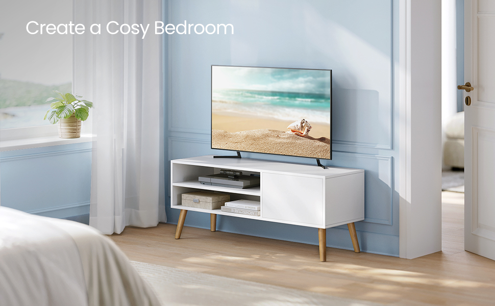 VASAGLE TV-állvány 120 cm, 2 polccal és push-open szekrénnyel, forgácslap és fa, 120x40x49 cm, fehér - Image 2