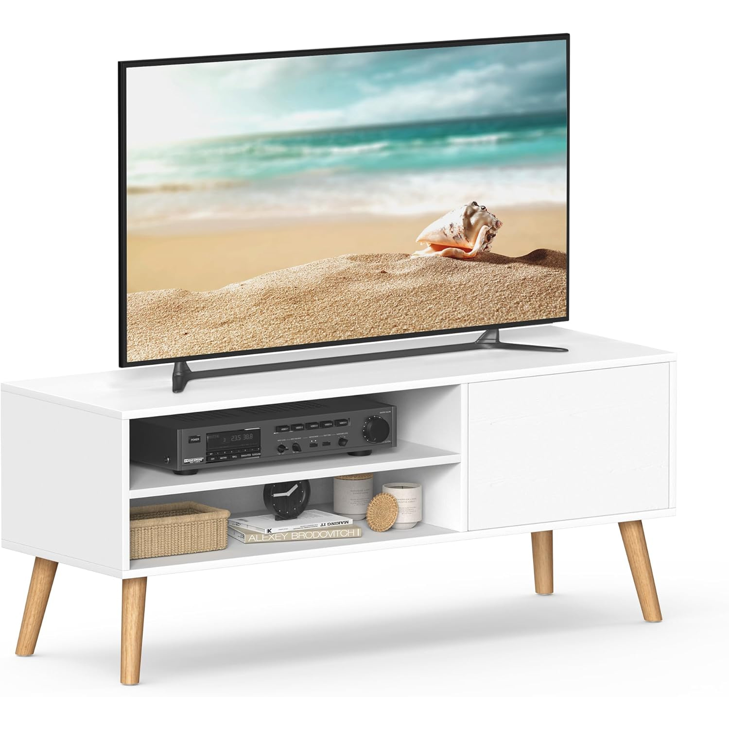 VASAGLE TV-állvány 120 cm, 2 polccal és push-open szekrénnyel, forgácslap és fa, 120x40x49 cm, fehér - Image 13