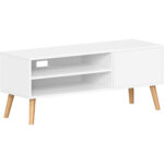 VASAGLE TV-állvány 120 cm, 2 polccal és push-open szekrénnyel, forgácslap és fa, 120x40x49 cm, fehér