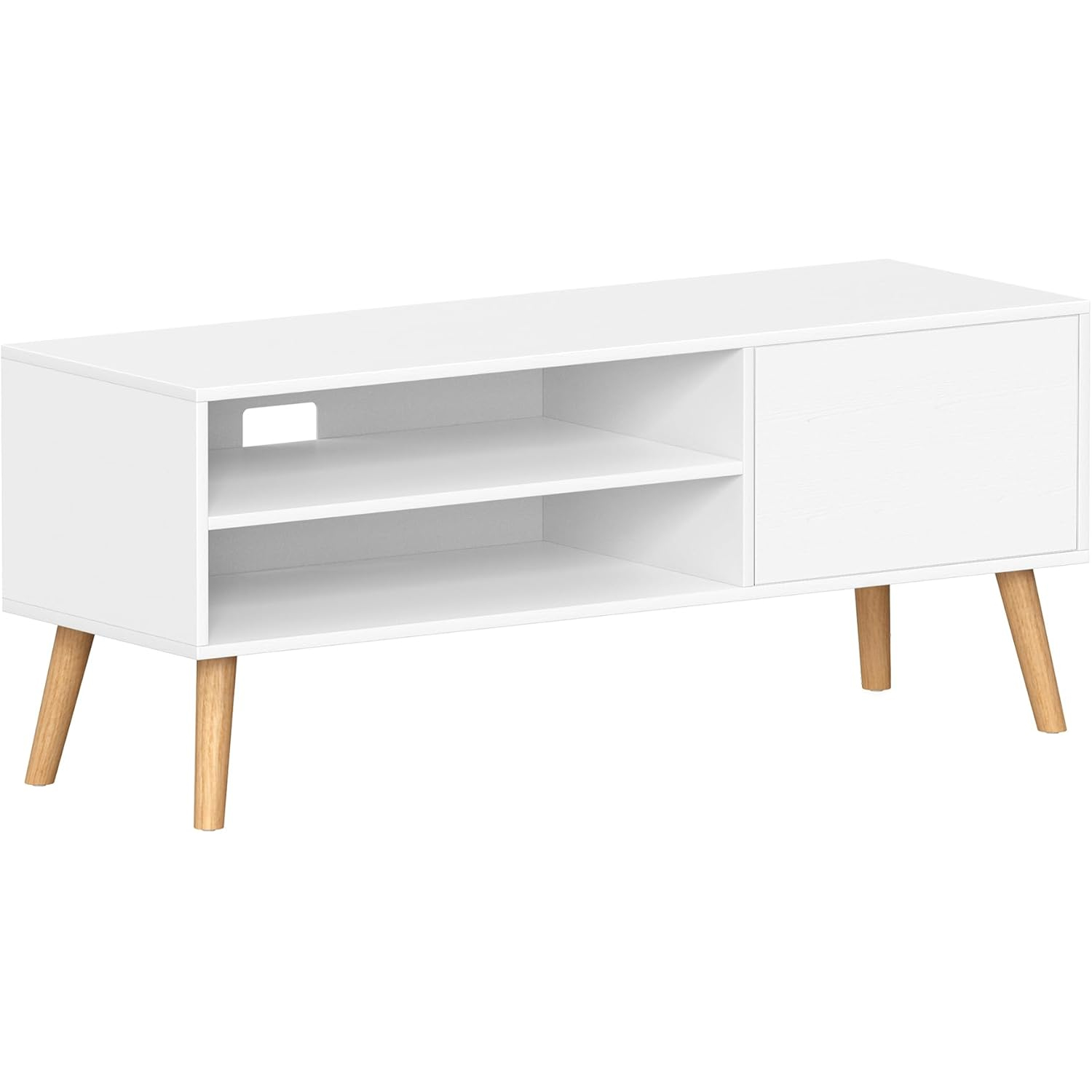 VASAGLE TV-állvány 120 cm, 2 polccal és push-open szekrénnyel, forgácslap és fa, 120x40x49 cm, fehér