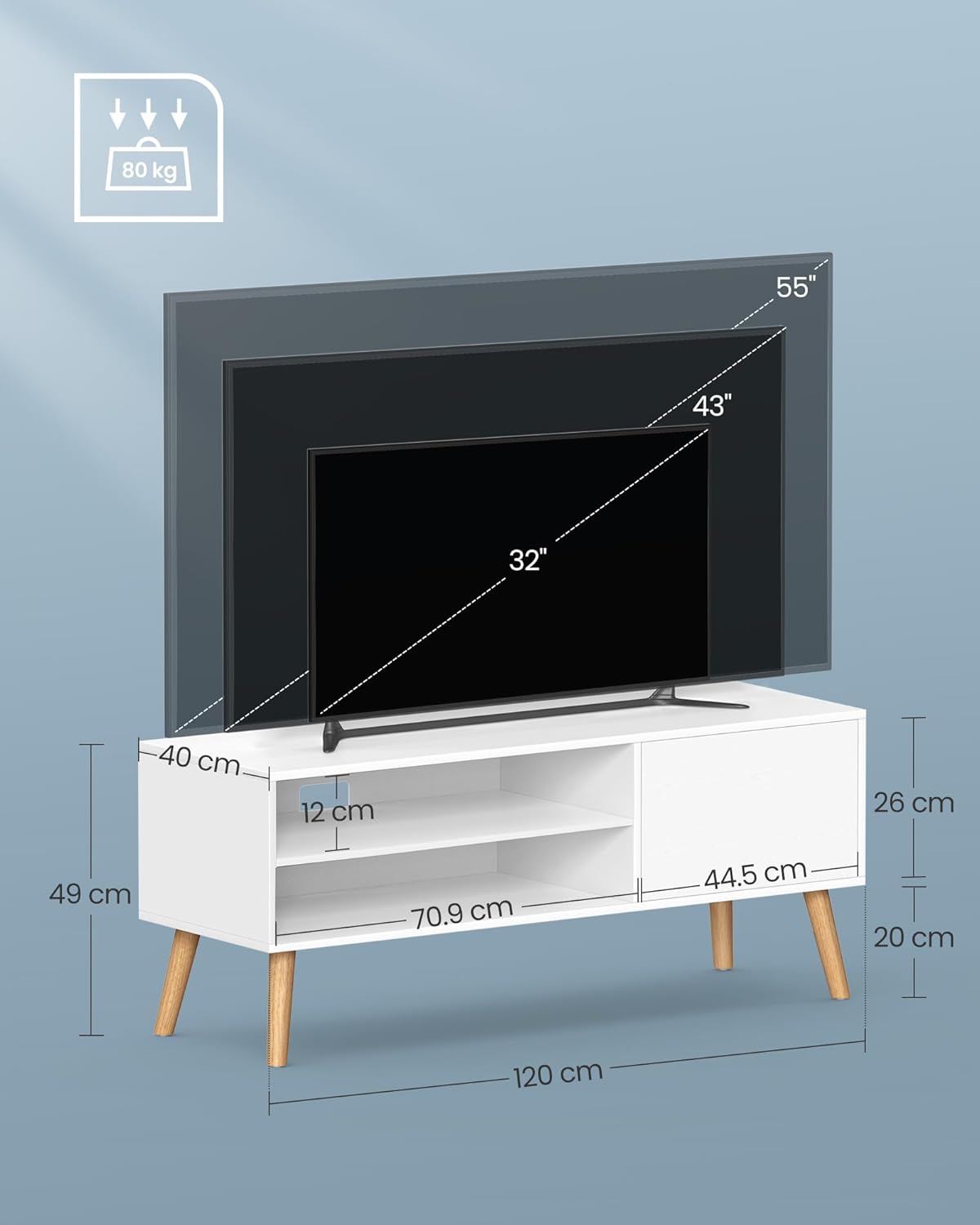 VASAGLE TV-állvány 120 cm, 2 polccal és push-open szekrénnyel, forgácslap és fa, 120x40x49 cm, fehér - Image 6
