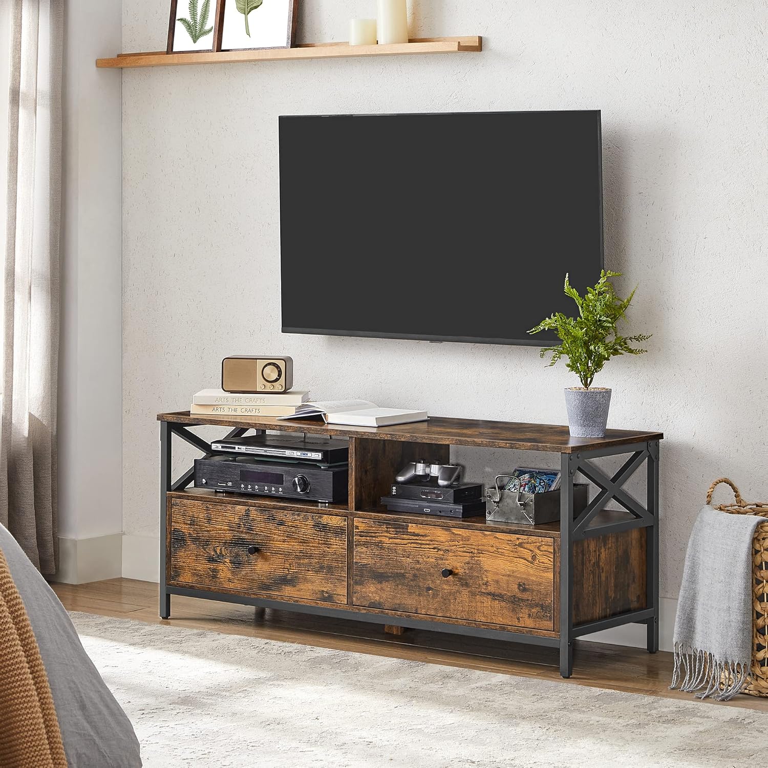 VASAGLE TV-komód 2 fiókkal és 2 polccal, fém vázzal, ipari stílusban, 120x40x50 cm, rusztikus barna - Image 5
