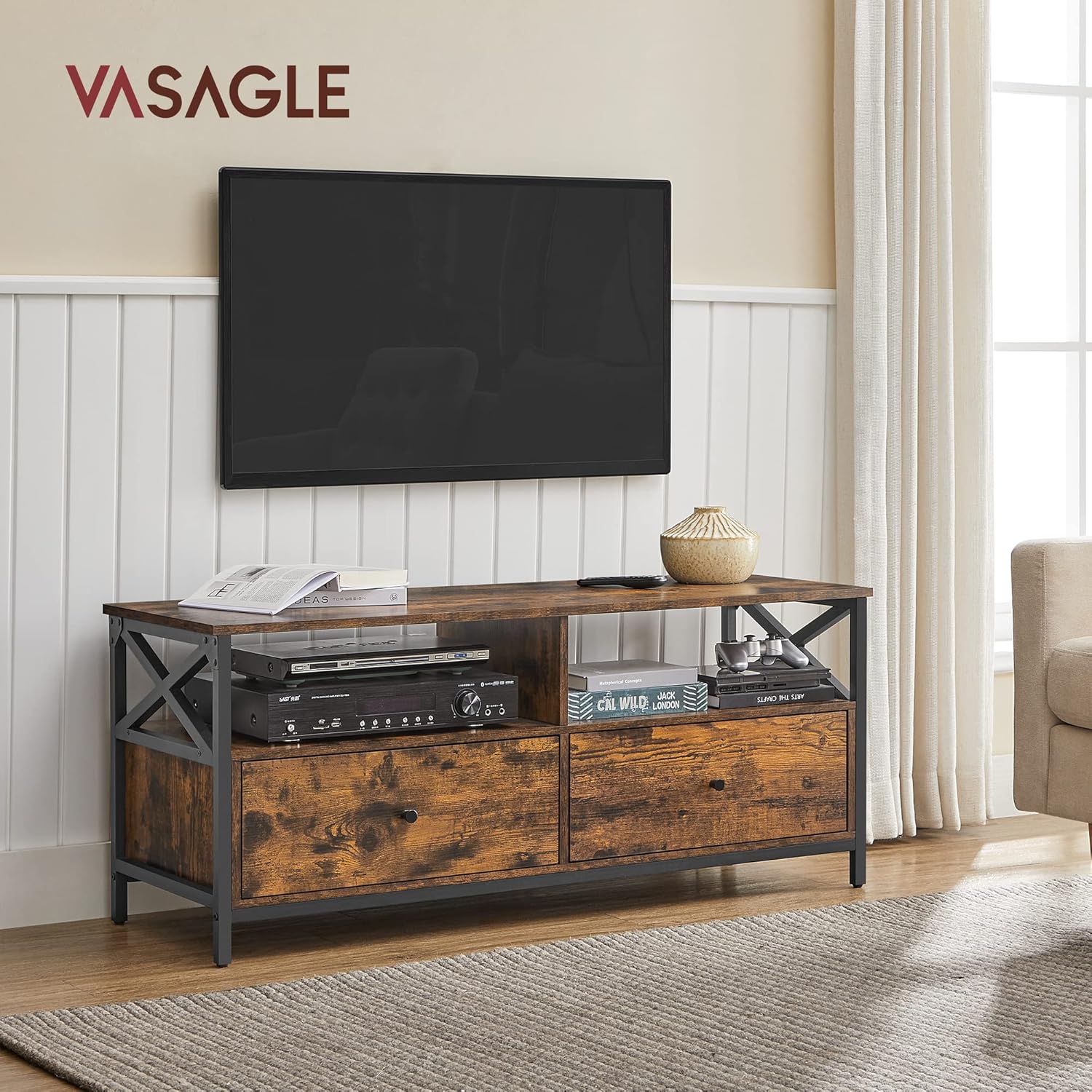 VASAGLE TV-komód 2 fiókkal és 2 polccal, fém vázzal, ipari stílusban, 120x40x50 cm, rusztikus barna - Image 7