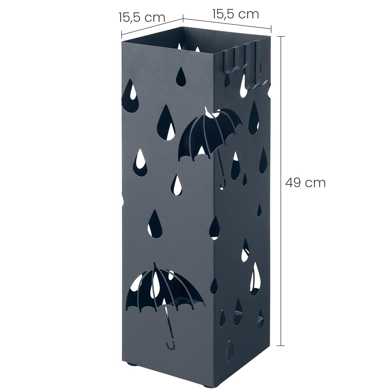 SONGMICS Fém esernyőtartó akasztókkal és csepegtető tálcával, 16 × 16 × 49 cm, szürke - Image 8