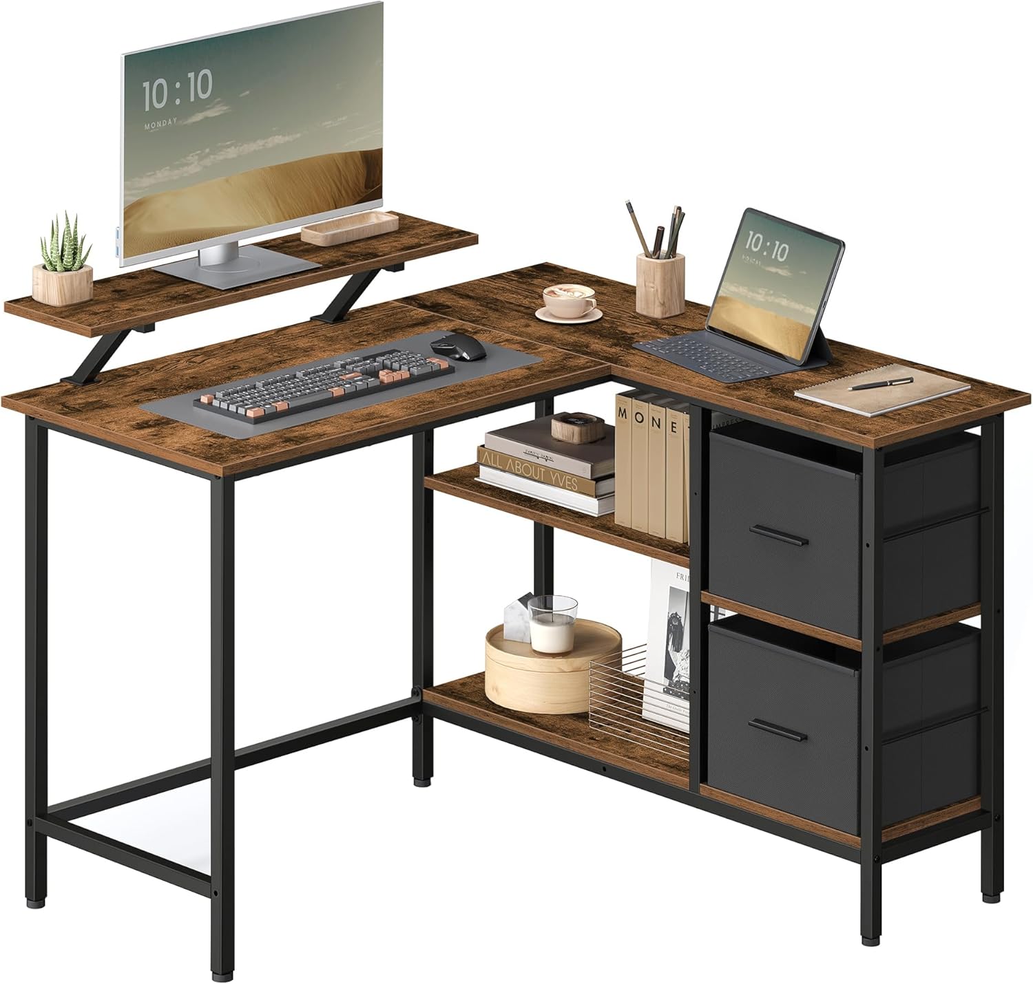 VASAGLE L-alakú sarokíróasztal 2 fiókkal és monitortartóval, kétoldali összeszerelési lehetőség, ipari stílus, 115x105 cm, rusztikus barna - Image 2