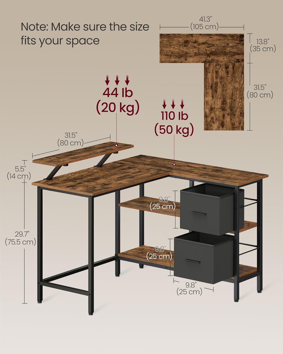 VASAGLE L-alakú sarokíróasztal 2 fiókkal és monitortartóval, kétoldali összeszerelési lehetőség, ipari stílus, 115x105 cm, rusztikus barna - Image 7