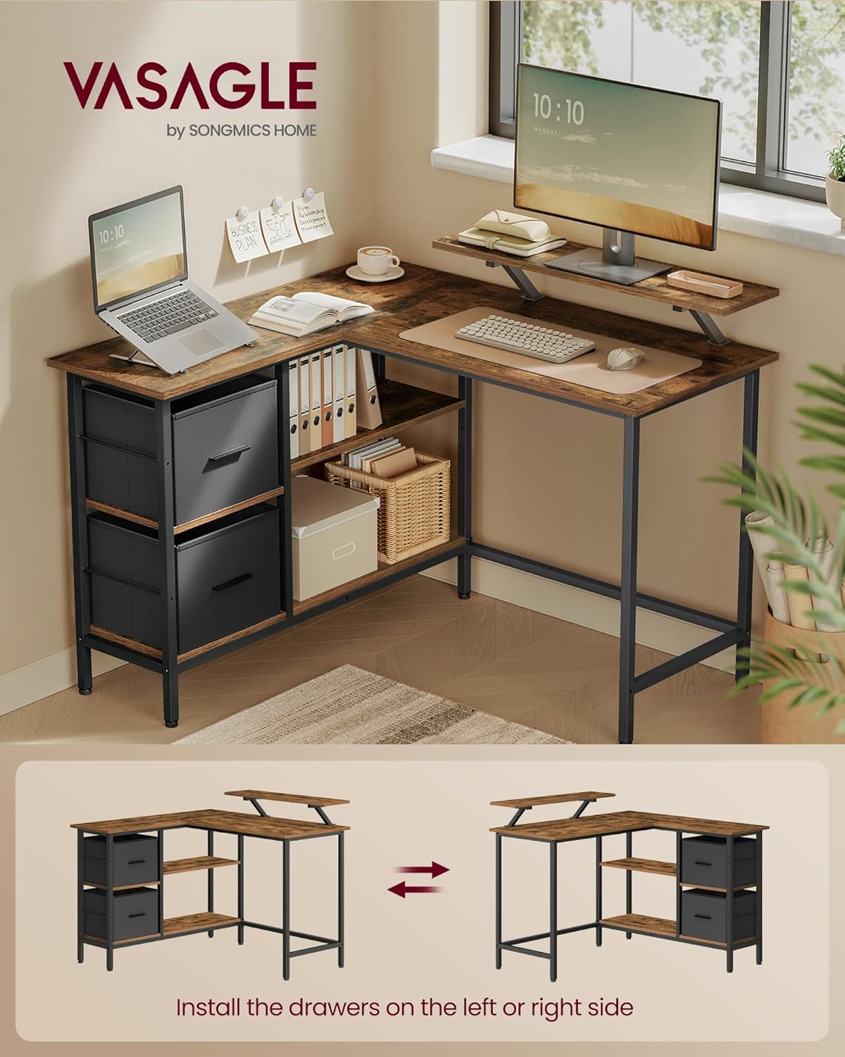 VASAGLE L-alakú sarokíróasztal 2 fiókkal és monitortartóval, kétoldali összeszerelési lehetőség, ipari stílus, 115x105 cm, rusztikus barna - Image 9