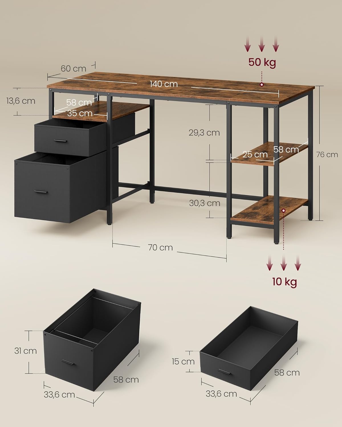 VASAGLE Számítógépasztal 3 Polccal és 2 Fiókos, Fém Kerettel, Ipari Stílus, 140x60x76 cm, Rusztikus Barna - Image 2