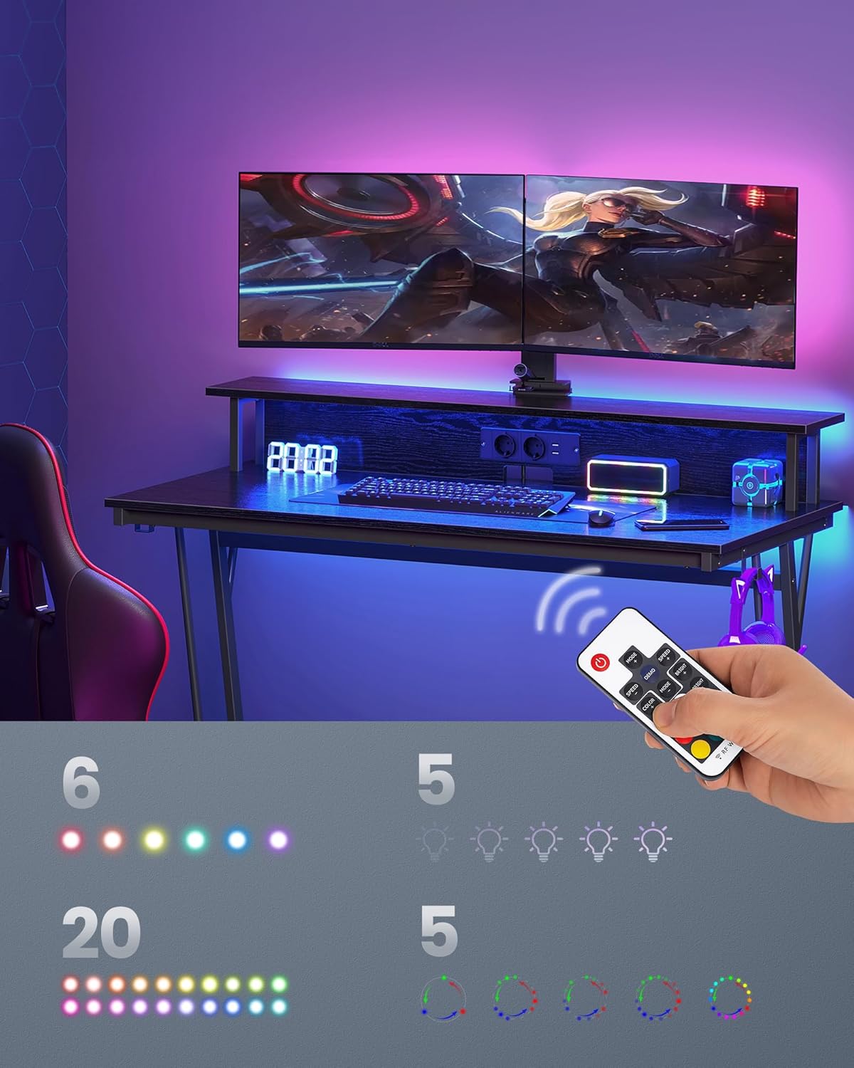 VASAGLE gamer íróasztal állítható LED világítással, 2 konnektorral és 2 USB-porttal, 2 monitor tartóval, 120x60x76 cm, fekete - Image 4