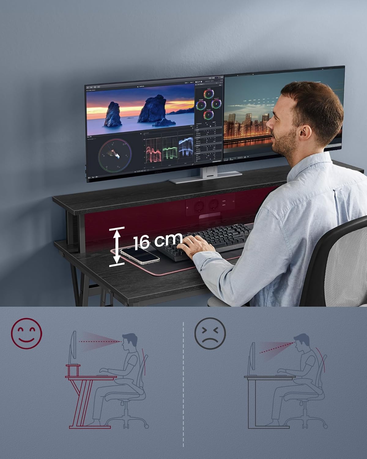 VASAGLE gamer íróasztal állítható LED világítással, 2 konnektorral és 2 USB-porttal, 2 monitor tartóval, 120x60x76 cm, fekete - Image 5