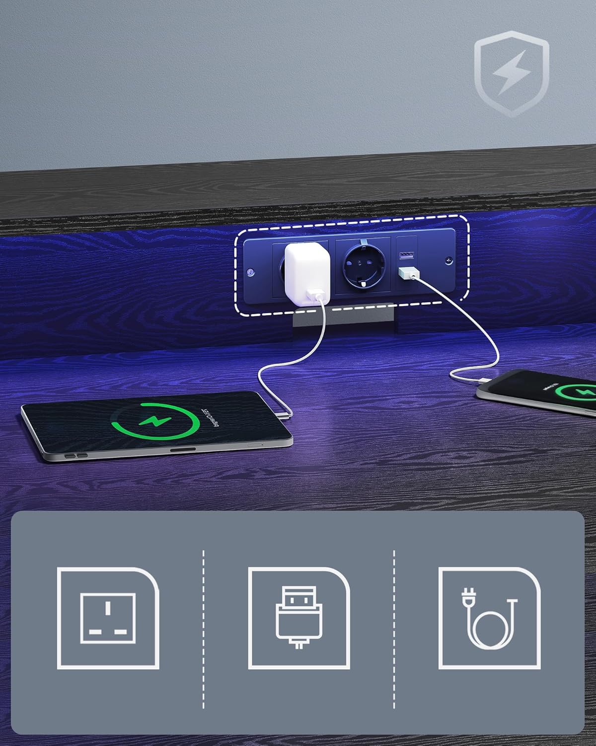 VASAGLE gamer íróasztal állítható LED világítással, 2 konnektorral és 2 USB-porttal, 2 monitor tartóval, 120x60x76 cm, fekete - Image 6