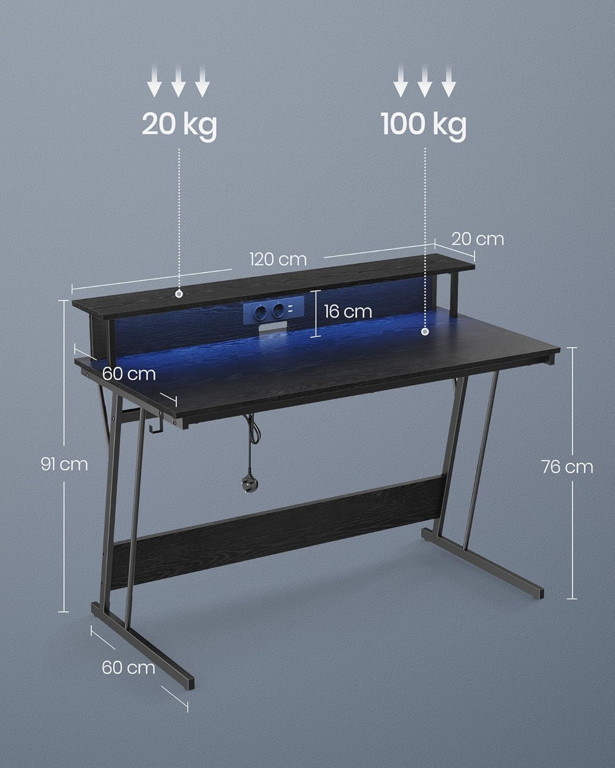 VASAGLE gamer íróasztal állítható LED világítással, 2 konnektorral és 2 USB-porttal, 2 monitor tartóval, 120x60x76 cm, fekete - Image 7