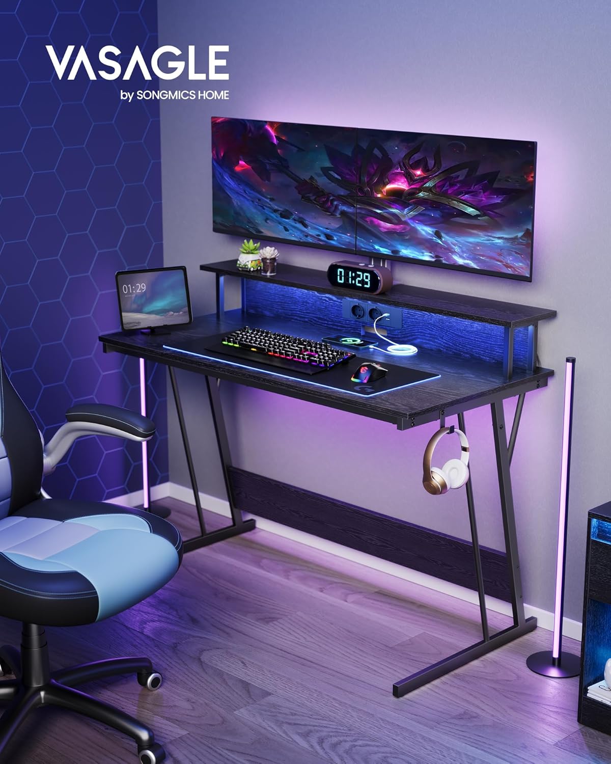 VASAGLE gamer íróasztal állítható LED világítással, 2 konnektorral és 2 USB-porttal, 2 monitor tartóval, 120x60x76 cm, fekete - Image 8