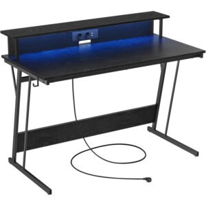 VASAGLE gamer íróasztal állítható LED világítással, 2 konnektorral és 2 USB-porttal, 2 monitor tartóval, 120x60x76 cm, fekete