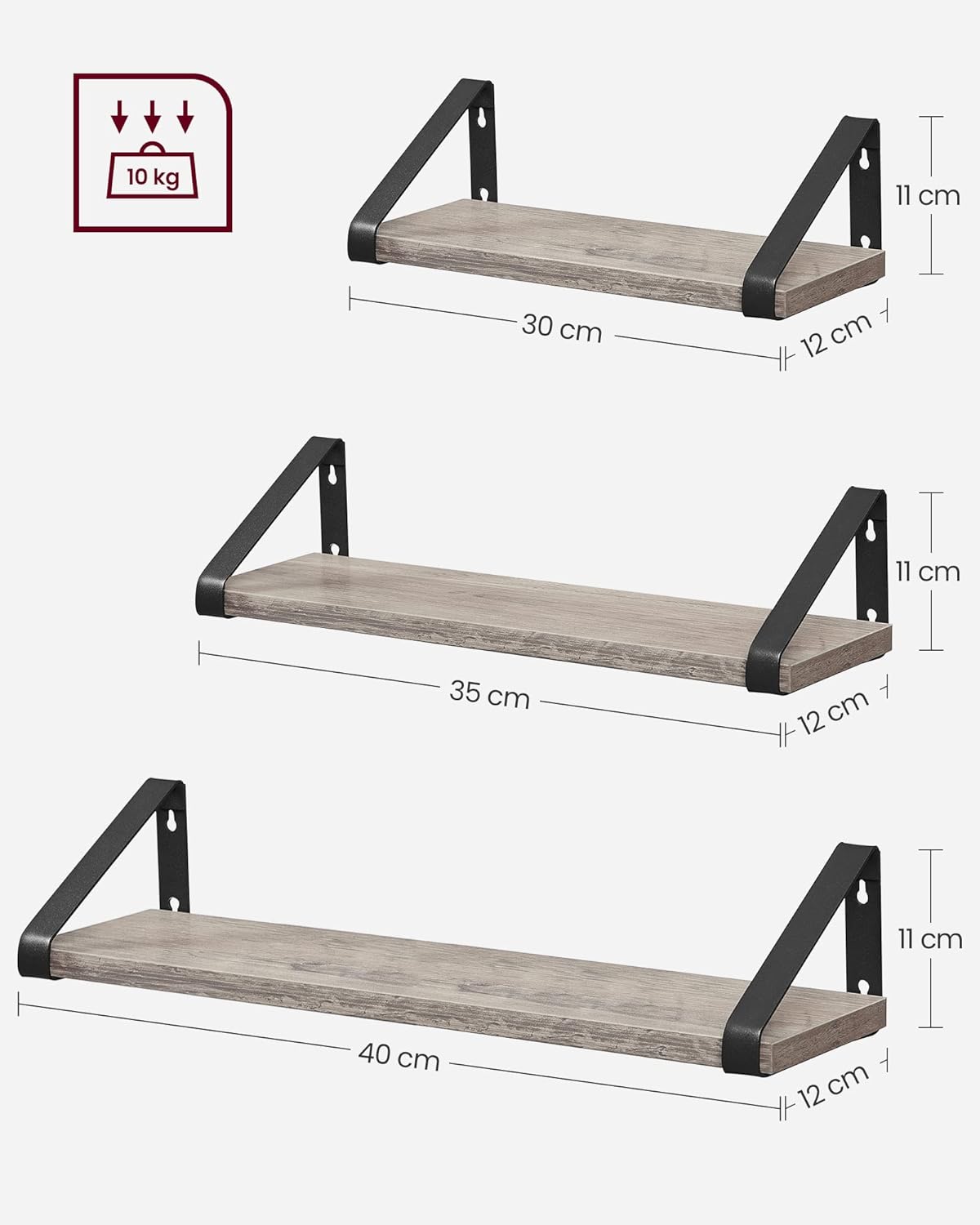 VASAGLE Fali polc szett, 3 darabos (30 cm, 35 cm és 40 cm), 2 felszerelési lehetőséggel, szürke és fekete - Image 2